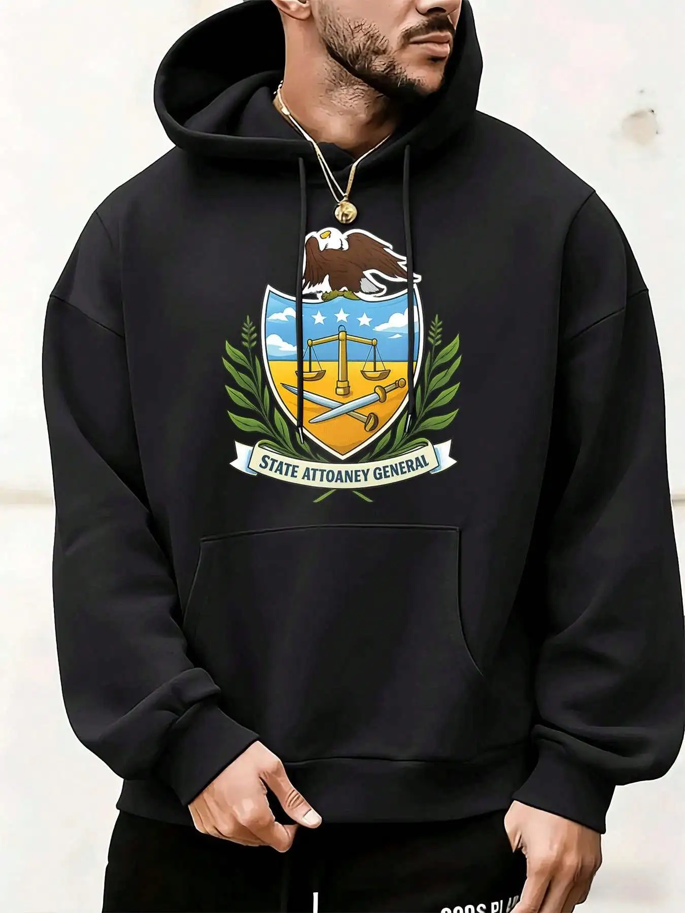 Men State Attorney General Eagle Shield Badge Graphic Hoodie Retro Justice Balance Streetwear Pullover Sweatshirt Autumn Winter Kangaroo Pocket Black Hooded Tops Unisex