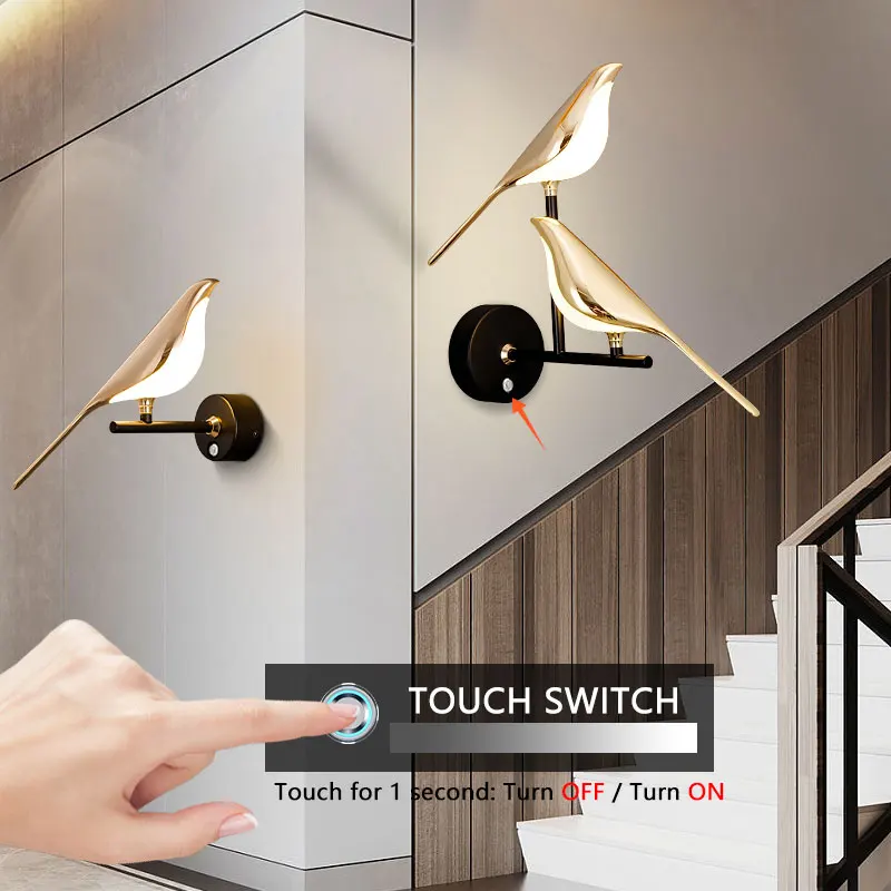 Touch Switch Magpie Bird LED Wall Lamps for Bedside Bedroom 360° Rotation Indoor LED Wall Lights Wall Sconce for Home AC85-265V