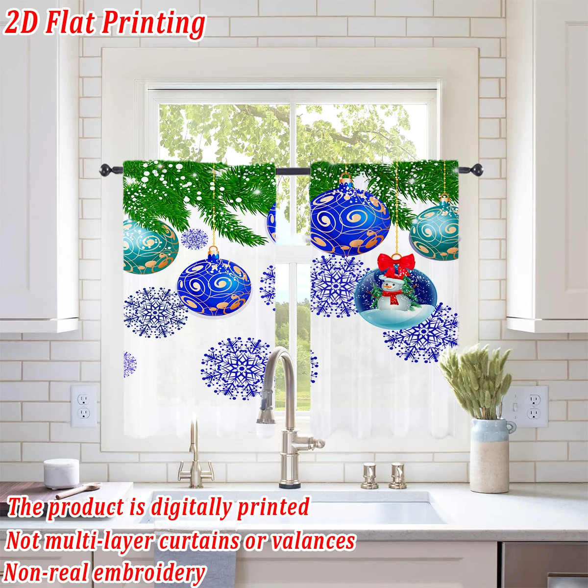 Christmas Flat Printing Kitchen Sheer Curtain with Merry Christmas Ball Snowflake Pine Branch For Christmas Home Decor  Party
