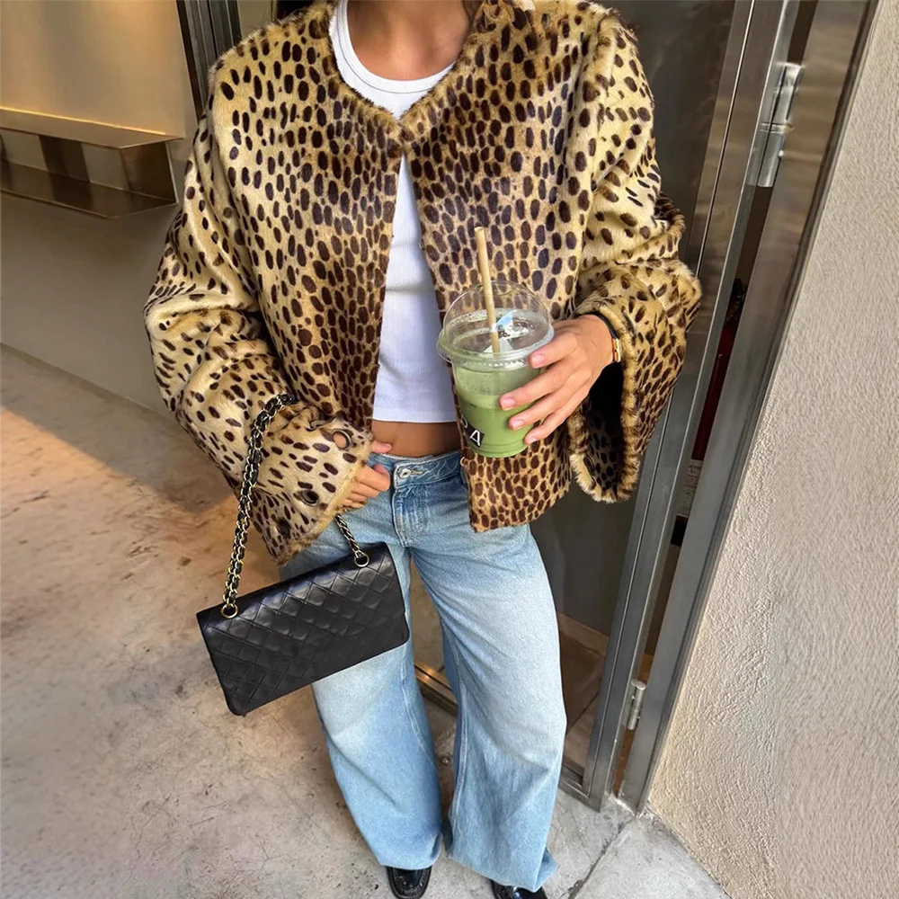 UNITIM Women Faux Fur Leopard Jacket Round Neck Long Sleeve Button Front Coats Spring Edgy Women Outerwear Lady Vintage Outwear