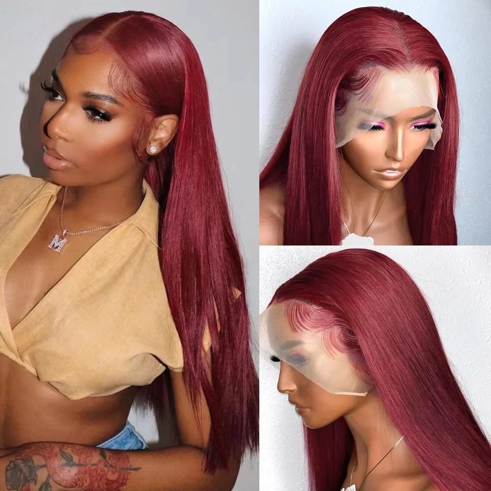 Burgundy 13x4 Transaprent Lace Frontal Wig Human Hair 99j Straight Lace Front Wigs For Women Human Hair Pre Plucked Sefisha Wig