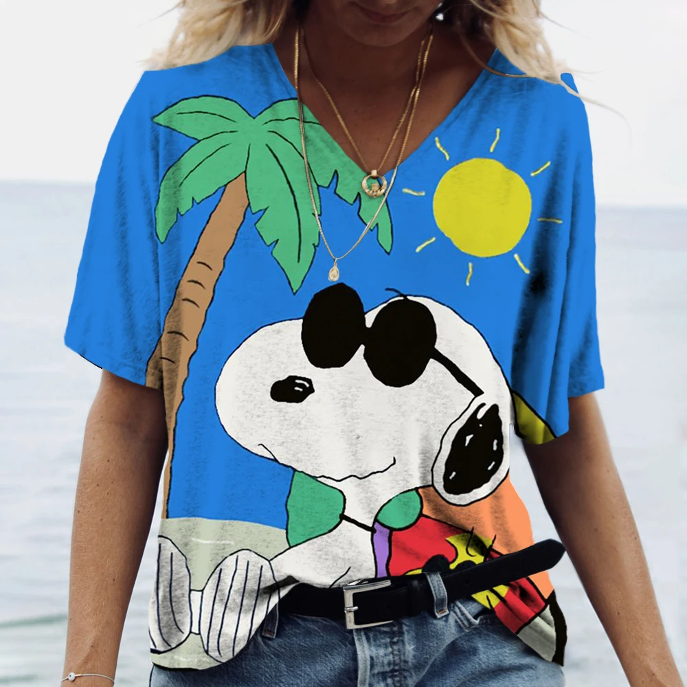 Summer Casual Loose Women\'s MINISO Snoopy Painting T Shirt Graphic Print V Neck Top Fashion 3d Print Plus Size Clothing ﻿