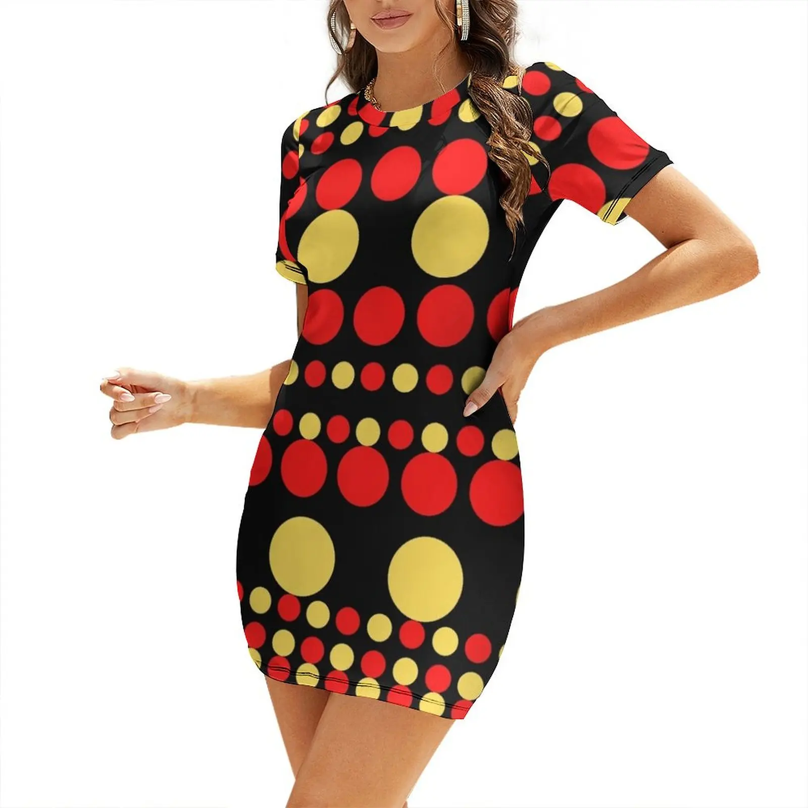 

Multi Color Polka Dots - Red Yellow Black Background Short-Sleeved Dress Female dress Dress