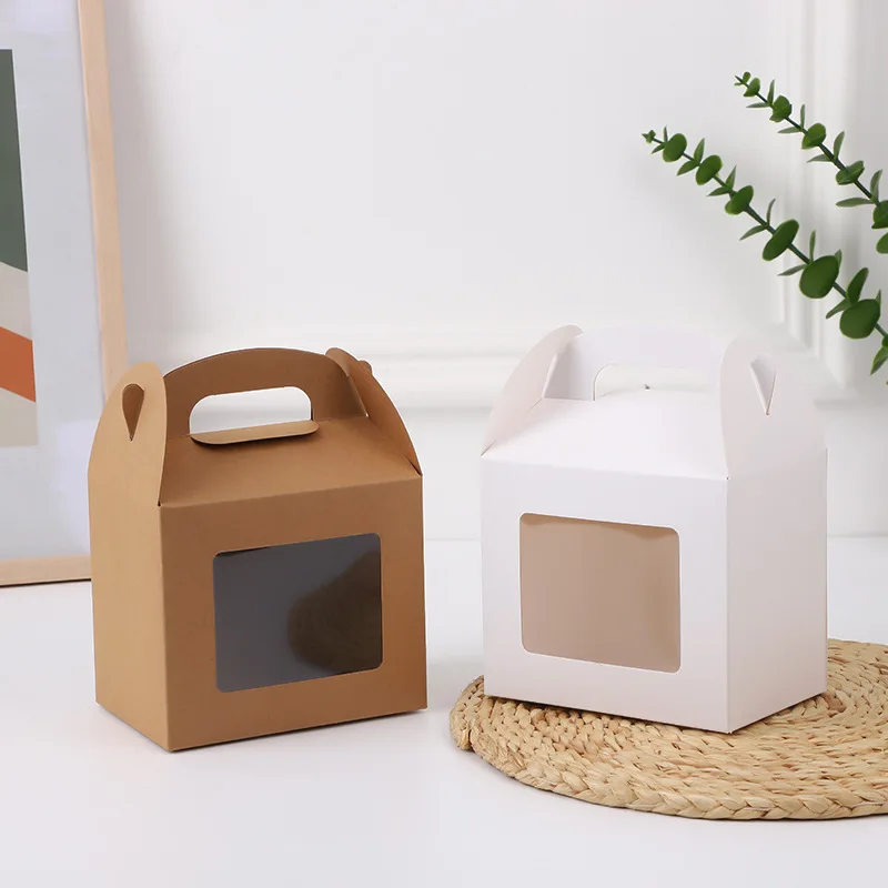 200Pcs/Lot Kraft Paper Box With Handle Baking Packaging Mousse Egg Tart Box Candy Food Takeaway Cake Packaging Box