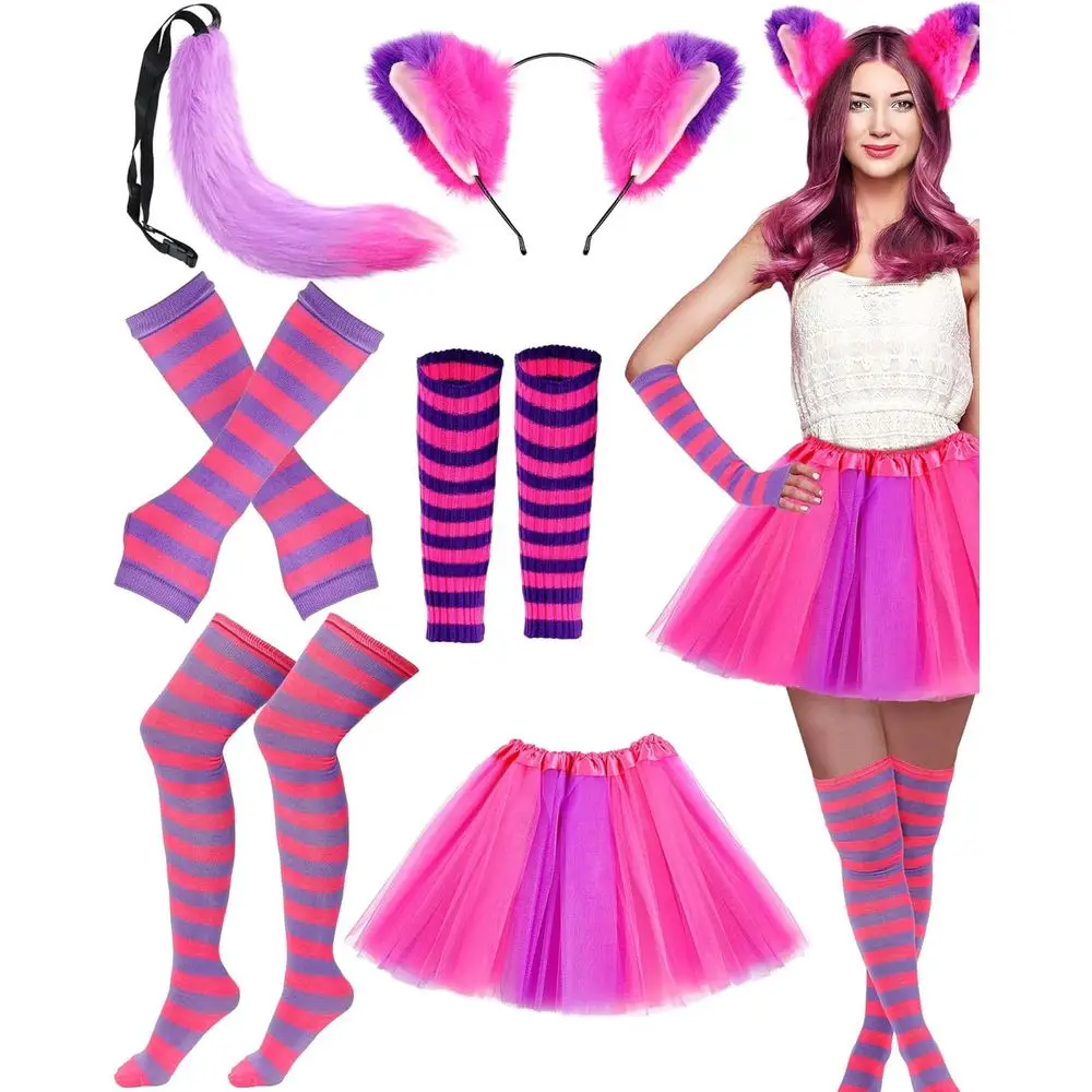 

Unittype 6 Pcs Pink ple Striped Cat Costume or Woman Include Cat Ears urry Tail Striped Socks Tutu Arm Leg Cover Tail or Hallowe