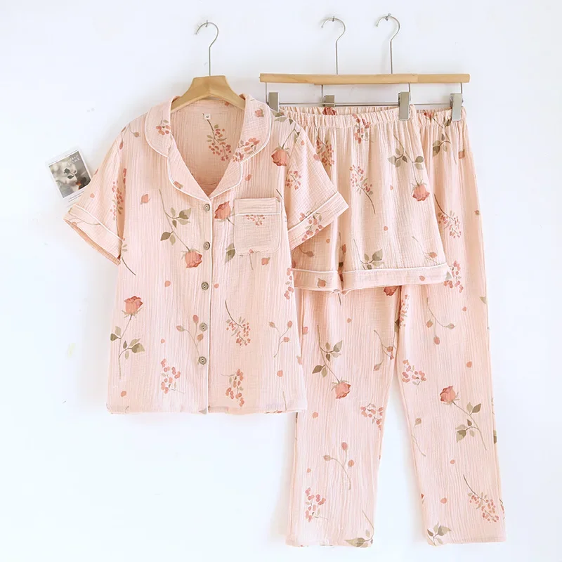 

2025 New Spring/Summer Women's Pajama Set 100% Cotton Crepe Short Sleeve+Shorts+Pants 3-Piece Thin cardigan Home Clothes Ladies