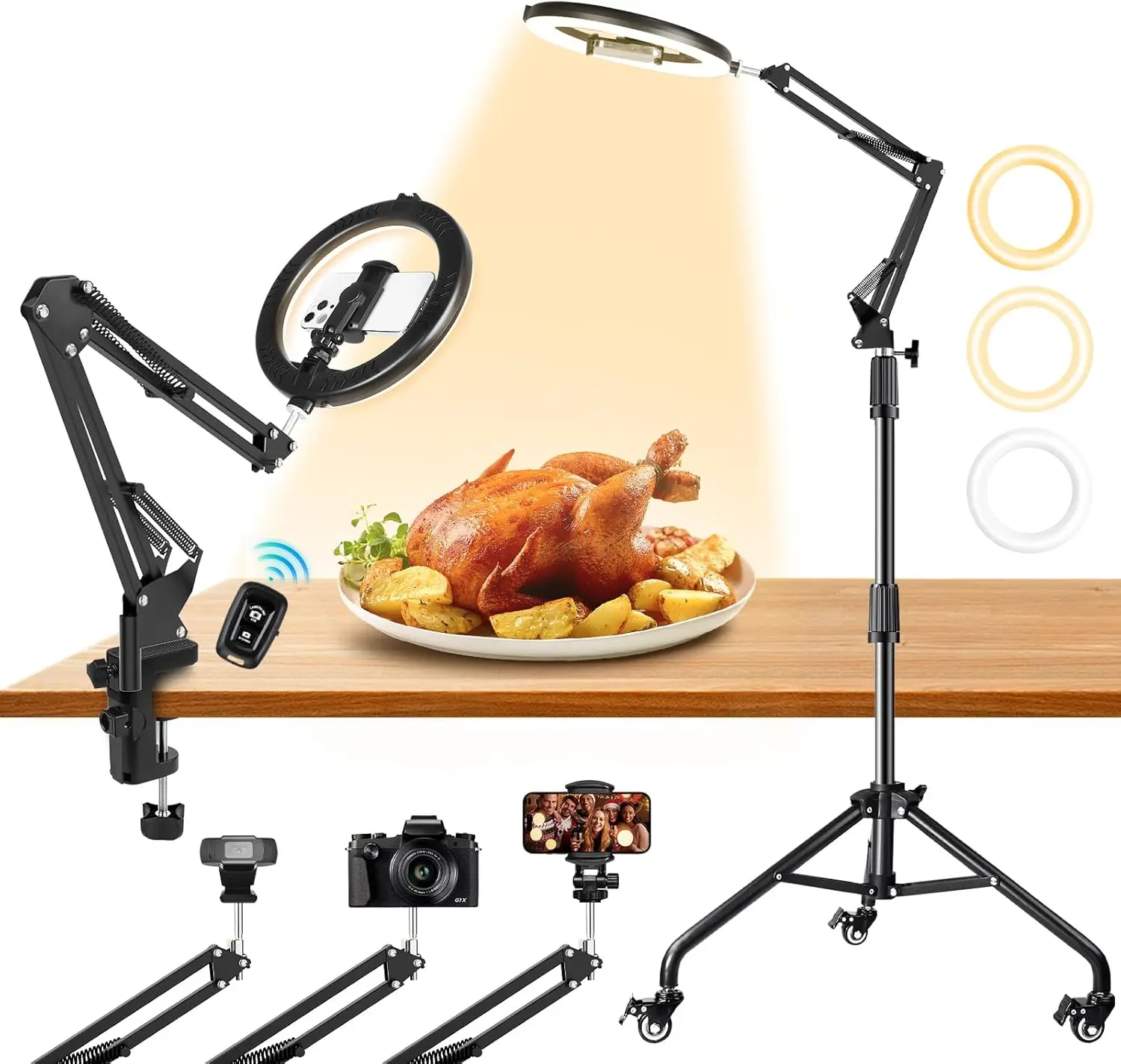 

Ring Light Overhead Phone Mount with Casters, Dual-Purpose Floor/Desk Light Tripod for iPhone, Selfie Phone Tripod for V