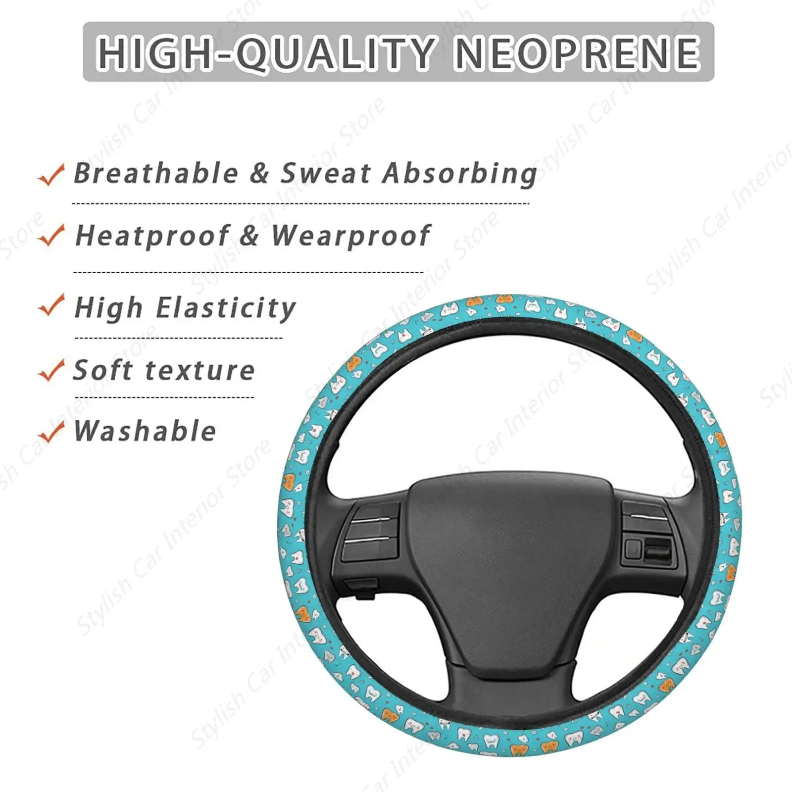 Neukim Cartoon Cute Teeth Car Steering Wheel Cover Auto Steering Wheel Protector Anti-Slip Elasticity and Breathable Accessories