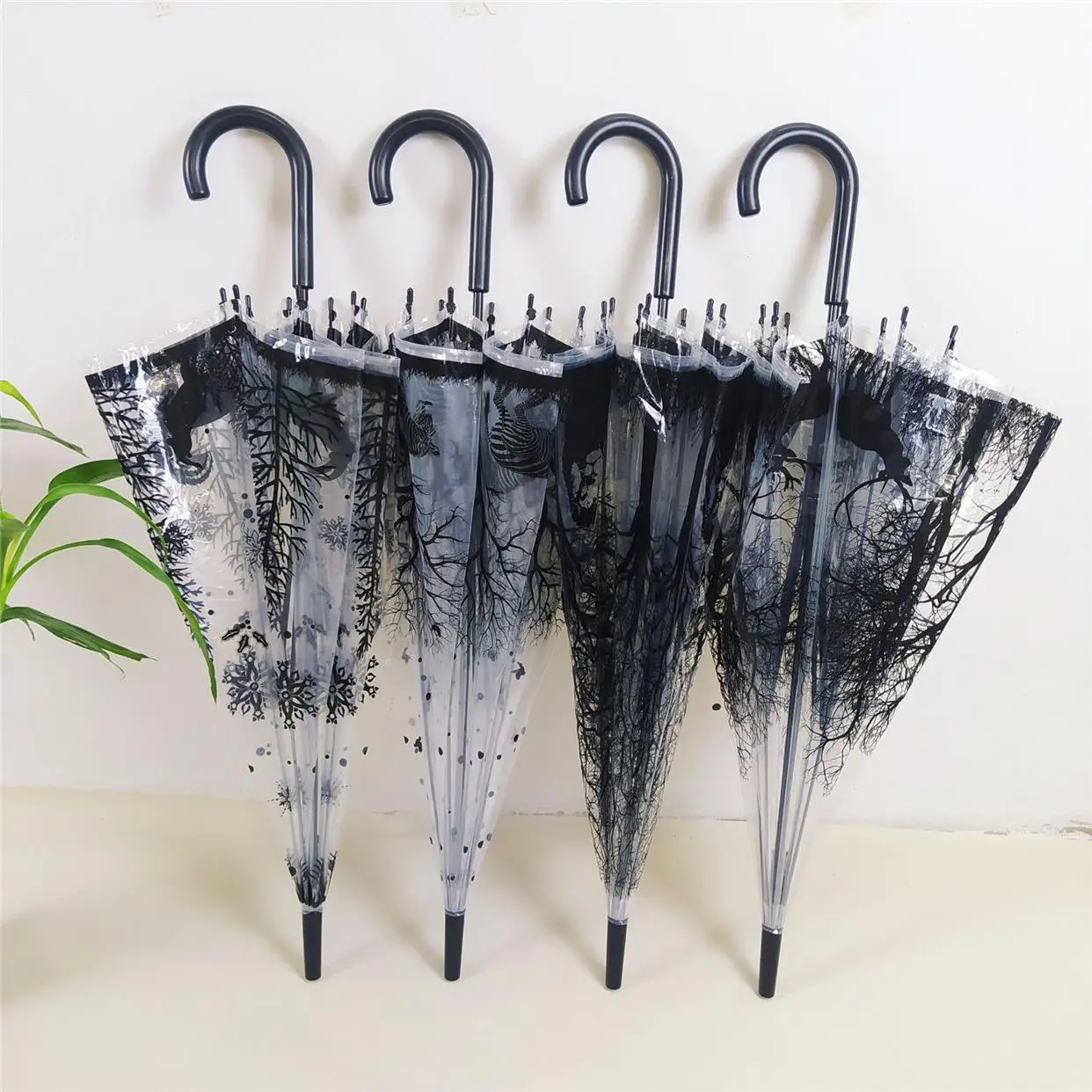 

Transparent Long Handle Straight Stick Umbrella British Style Apollo Forest Animal Ink Painting Bird Cage Home Use Umbrella