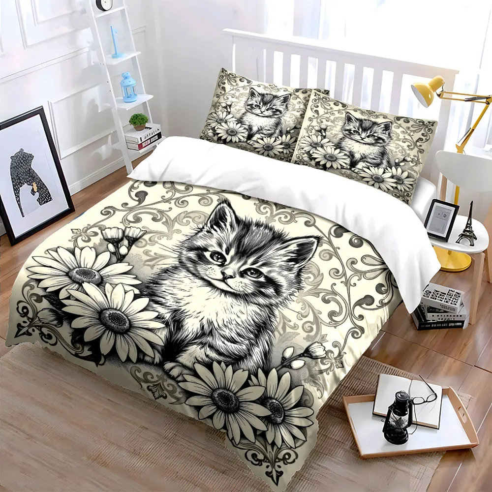 Elegant Kitten with Floral Decoration Printed Duvet Cover Set1 Duvet Cover+2 PillowcaseMulti Size Bedroom Bedding Decoration