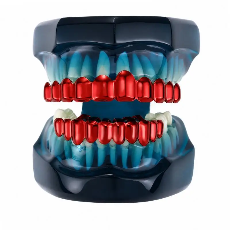 Rotes Spiegel-Hip-Hop-Grillz-Set 8 Zähne Oben und Unten Grills Y2K Party Cosplay Zähne Halloween-Schmuck für Männer und Frauen – Detail 9