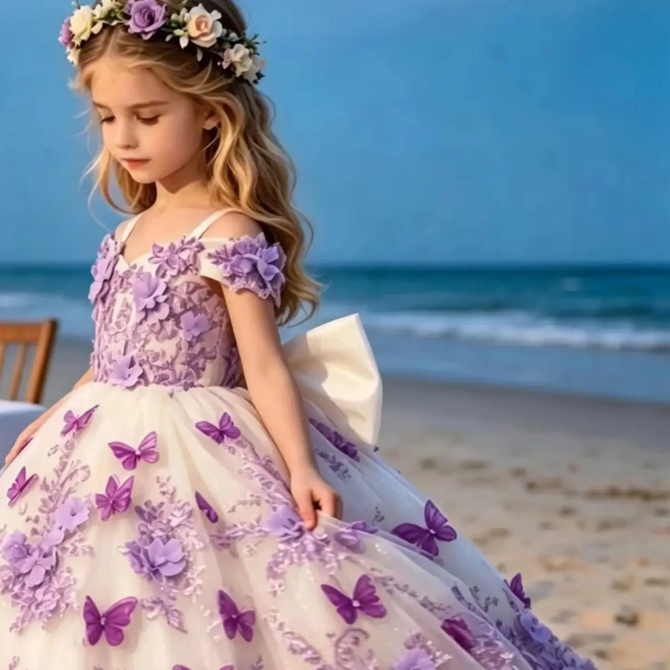 

Customized Flower Girl Dresses for Wedding Off Shoulder Tulle Appliques with Bow Kids Birthday Party First Communion Ball Gown