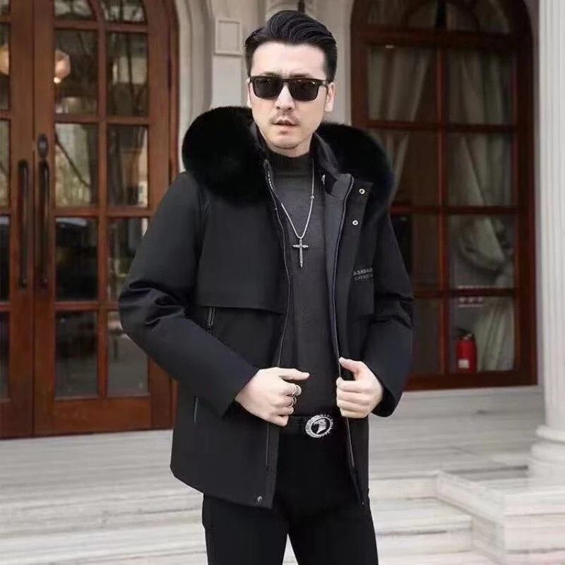 

2023 New Winter Men Overcoat Rabbit Hair Detachable Inner Lining Thickened Outwear Genuine Fur Collar Hooded Coat Parka Jacket