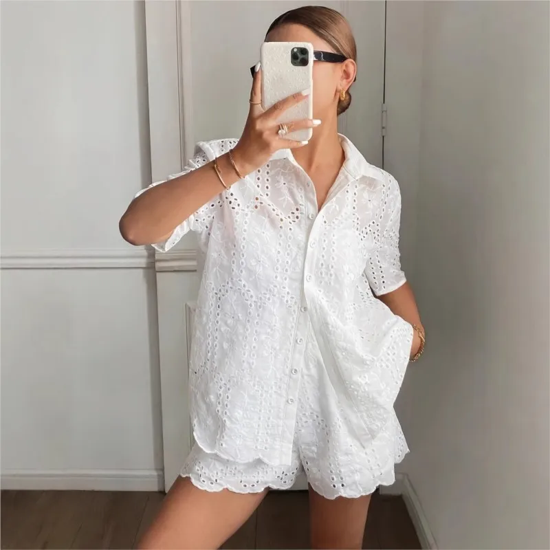 Summer White Hollow Out Loose Fit Shirt & Shorts Set Short Sleeve Lapel Ruffle Hem Casual 2 Piece Set Daily Women's Outfit