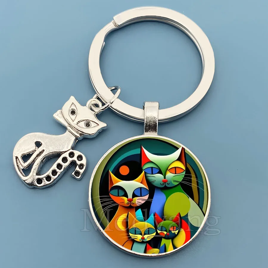 2025 Abstract Cat Keychain Creative Cat Home Pattern Glass Dome Keychain I Love Cat Jewelry Gift Wholesale