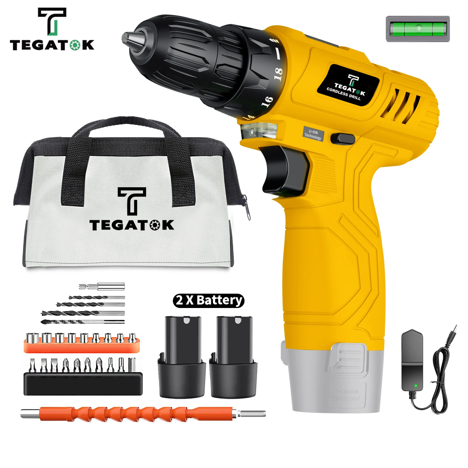 

Tegatok 12V Cordless Drill, Electric Power Drill Set with 2 Battery & Charger 18+1 Clutch Torque