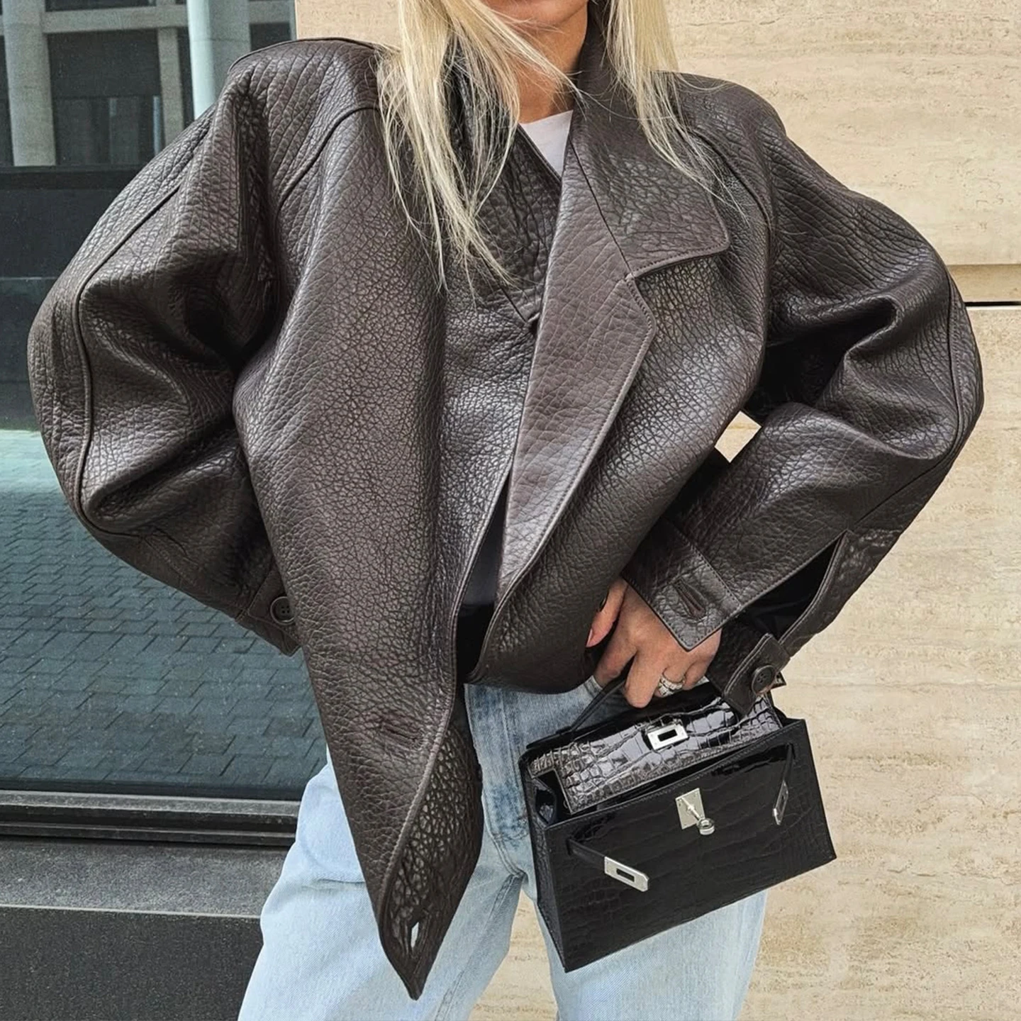 Faionable décontracté rétro double boutonnage en cuir Jaet manteau femmes Sle automne nouveauté Z Stand Fit ort extérieur...