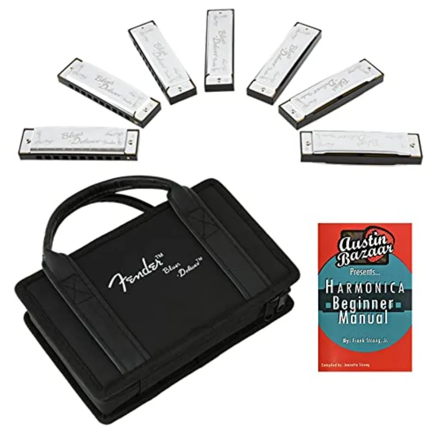 

Blues Deluxe Harmonica Pack of 7 Bundle with Carrying Case Austin Bazaar Beginner Manual and Polishing Cloth - Keys A Bb C D E