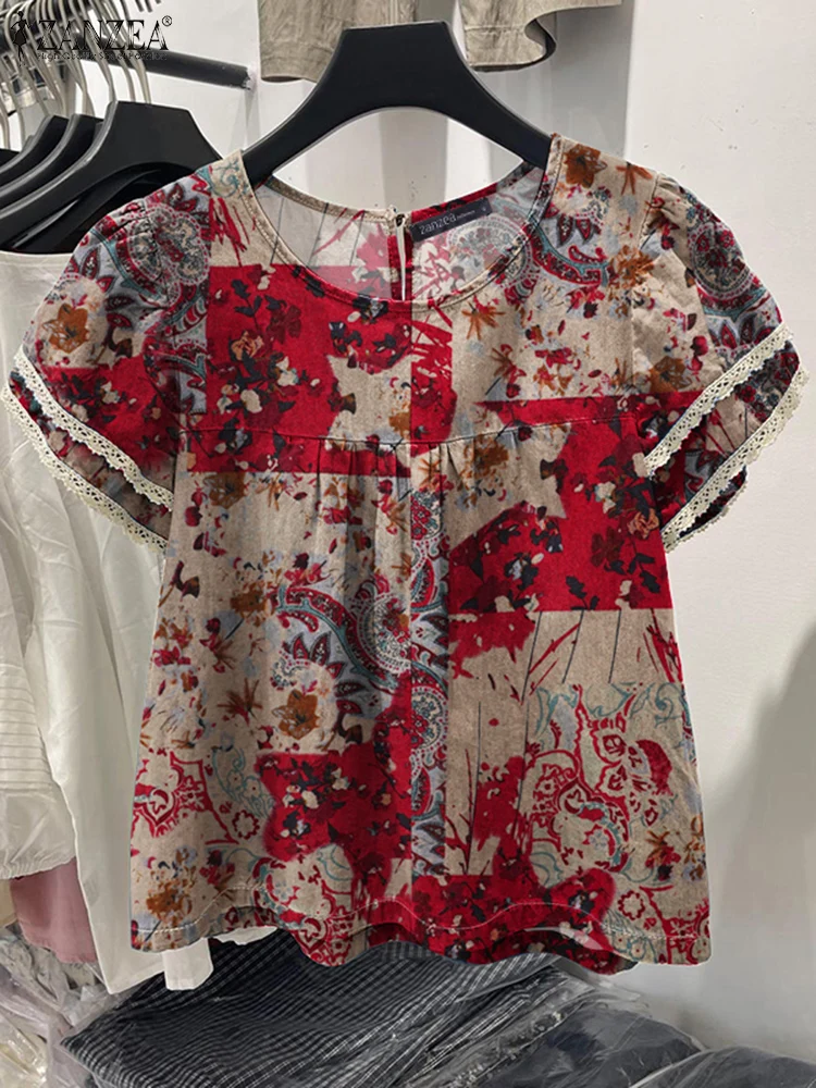 Bohemain Floral Printed Shirt ZANZEA Summer Women Short Sleeve Blouse Elegant Lace Patchwork Work Tops Casual Loose Blusas Tunic