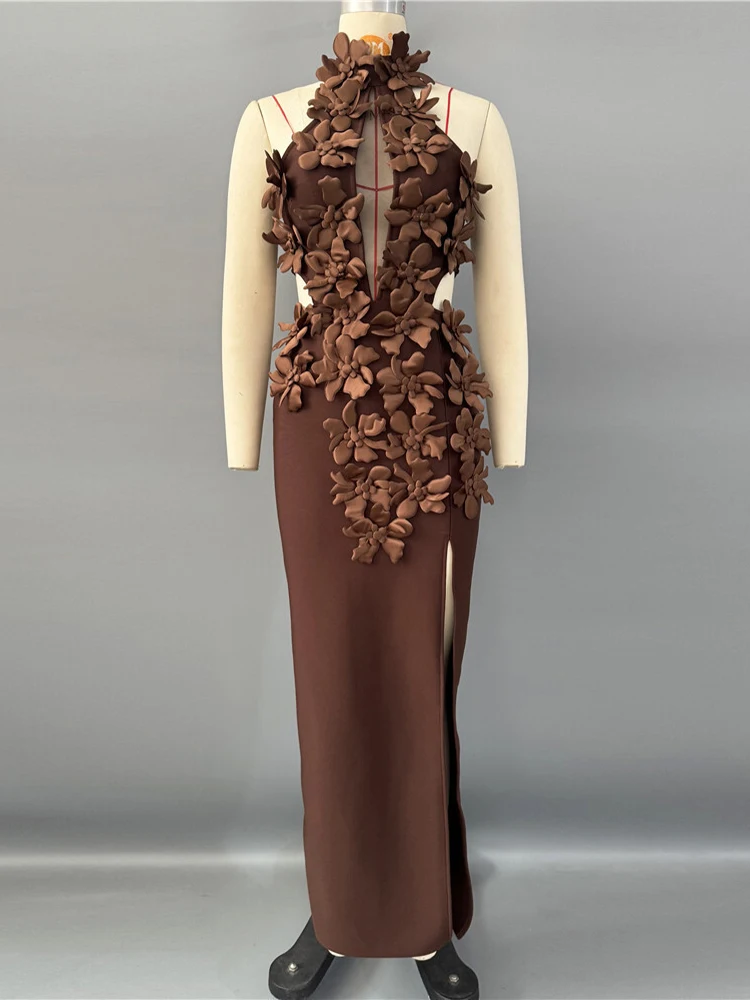 セクシーなイエローのホルターネック、花柄のキーホール付きマキシドレス – エレガントなハイ スリット バンテージガウン、女性用、透かし彫りの誕生日ロングドレス