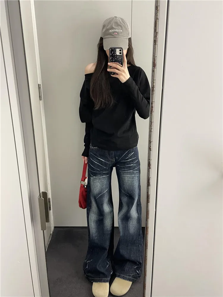 

Retro American Low Waist Wide Leg Jeans Women Spring Loose Drapey Tall Extended Vintage Pants Deep Color Long Jeans