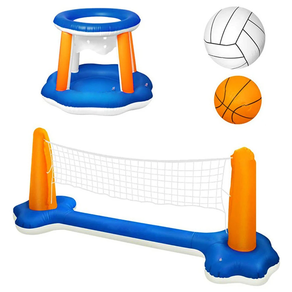 Floating Volleyball Set 2 Balls Pool Volleyball Set & Basketball Hoop Pool Basketball and Volleyball Game for Summer Water Fun