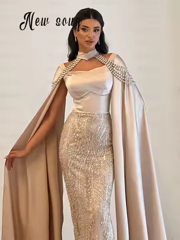 Luxury 2025 Evening Dresses With Cape Champagne Floor-Length Luxury Evening Dress Wedding Party Dresses Customized Saudi Arabia