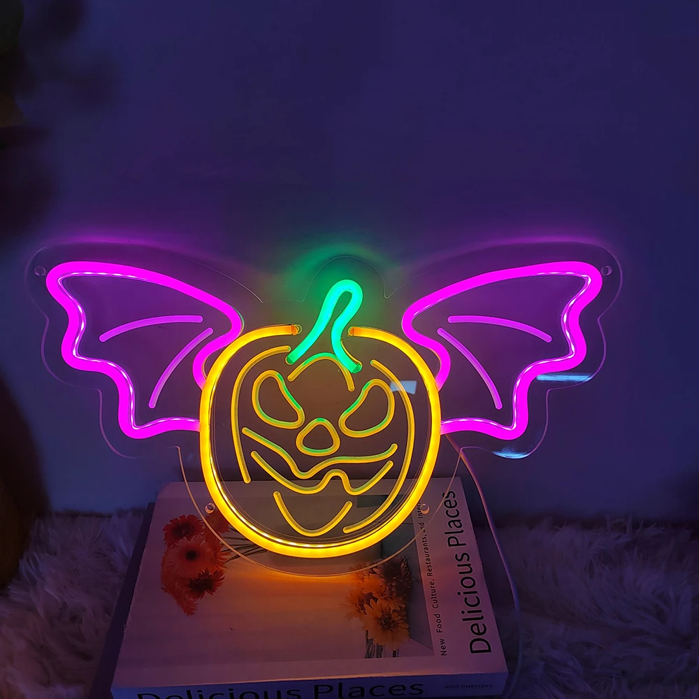 Halloween Pumpkin Neon Sign Bat LED Neon Lights for Wall Decor USB Powered Neon Lights for Bedroom Gifts Christmas Decorations