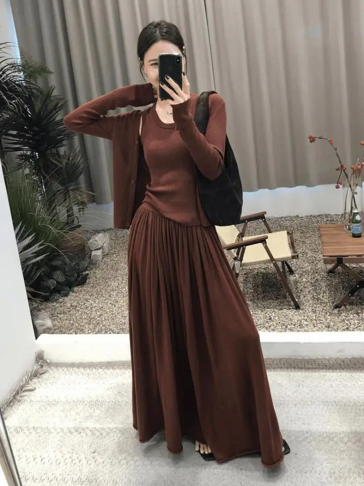 

Korean Women Autumn Winter Brown Cardigan Sweater + Knitted Pullover Vest Tops And High Waist Pleated Long Skirt Three Piece Set