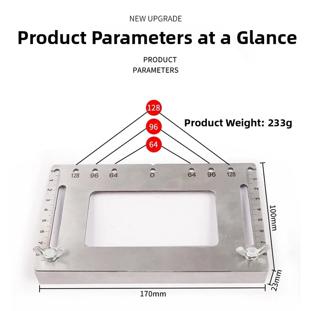 Stainless Steel Handle Mounting Locator for Cabinet Doors with 7 Hole Spacing Options and Etched Scale for Accurate Drilling