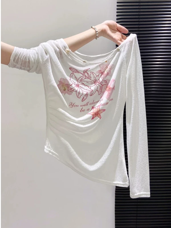 Slim Fit Long Sleeve T-Shirt Women's Printed Collar Design Casual Comfortable Breathable Cotton Polyester Blend Commute Ready