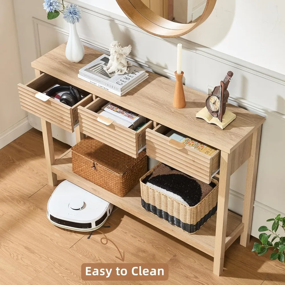 طاولة كونسول مخددة 47.2 مع 3 أدراج، طاولة مدخل خشبية حديثة بطبقتين مع رف تخزين مفتوح، مدخل أريكة بوهو