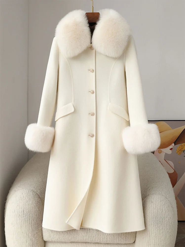 

2025 Winter Women Natural Real Fox Fur Collar Cuffs Coat Cashmere Wool Woolen Outerwear Long Luxury Ladies Jacket