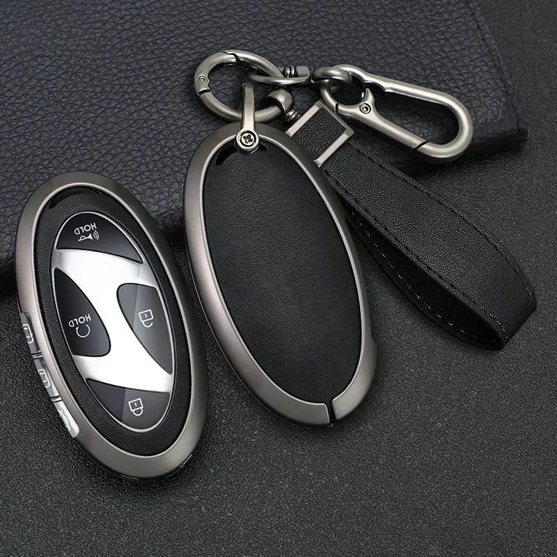 Car Key Fob Cover Alloy Shell Leather Protection Case Fits for Hyundai 24 Kona N-Line, 2024 Elantra SEL 2023 IONIQ 6