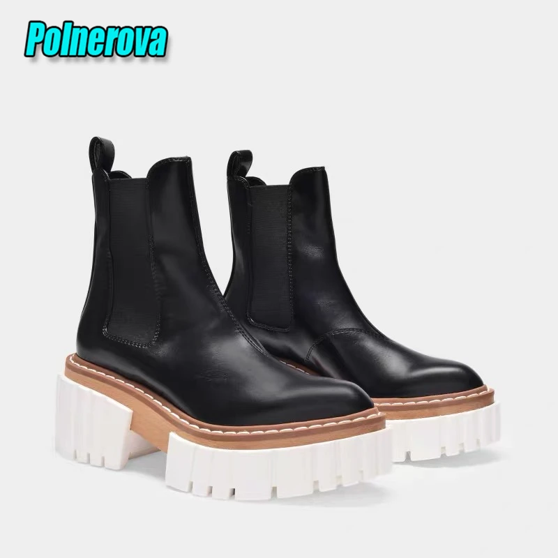 

Autumn Winter Thick Soled Genuine Leather Women's Boots Fashion Chunky Heel Short Boots British Retro Pointed Toe Slip On Boots