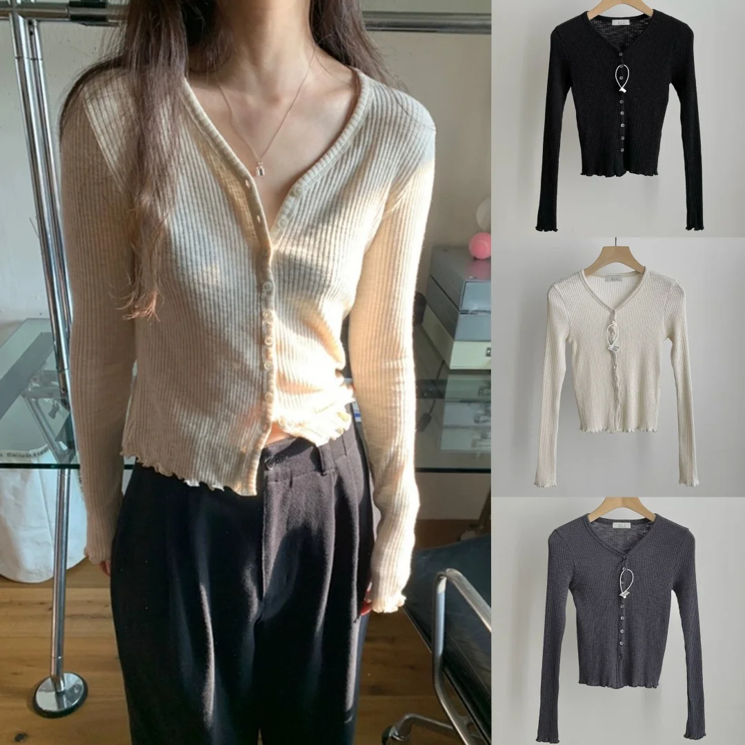 

Spring 2025 Pure Desire Sle Slim Fit Long Sve V Ne Cardigan Wooden Trim Open Front Knitted Sweater Commute Sle