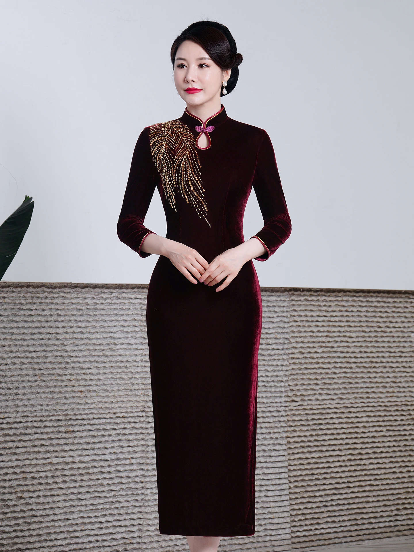 

Ele Velvet Wedding Dr Retro Sle Festive Matron-of- Dr Long Sve High Slit Chinese Sle Long Qipao