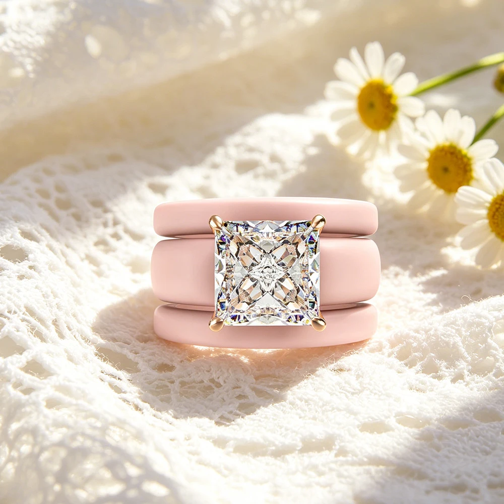 Princess Cut CZ Ring with 3-Layer Pink Silicone Band, Modern Chunky Rose Gold Plated Statement Ring, Bridal Promise J