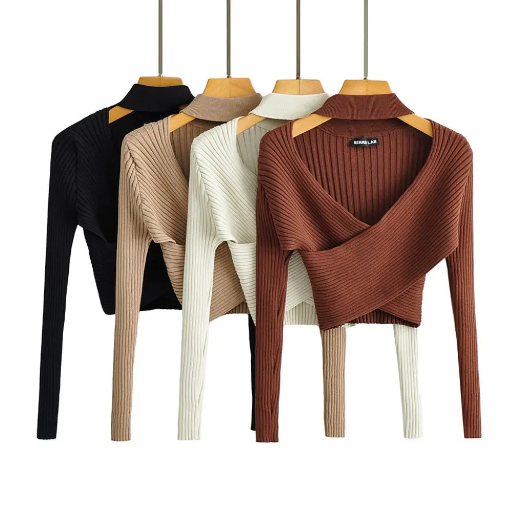 

Women's Cross Neck V-neck Knitted Shirt Slim-fit Long-sleeved Top European American INS Autumn Fashion Navel Short