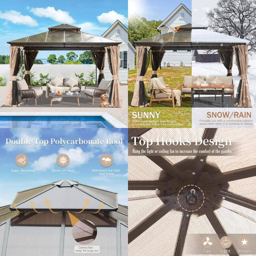 

12’ x 12’ hardtop gazebo, outdoor aluminum frame canopy with polycarbonate double roof, outdoor permanent metal pavilion with c