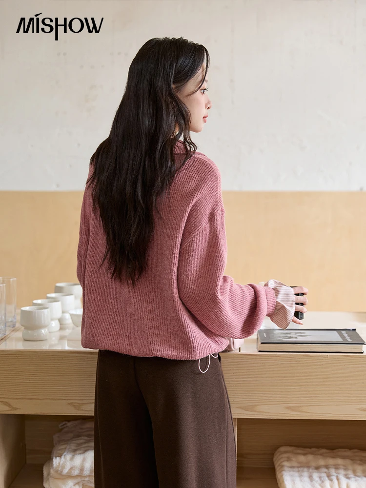 MISHOW Imitacja Dwuczęściowej Bluzki Damskiej Jesień Zima 2025 Francuski Styl Stójka Koszule Luźne Długie Rękawy Top MXE51Z2625