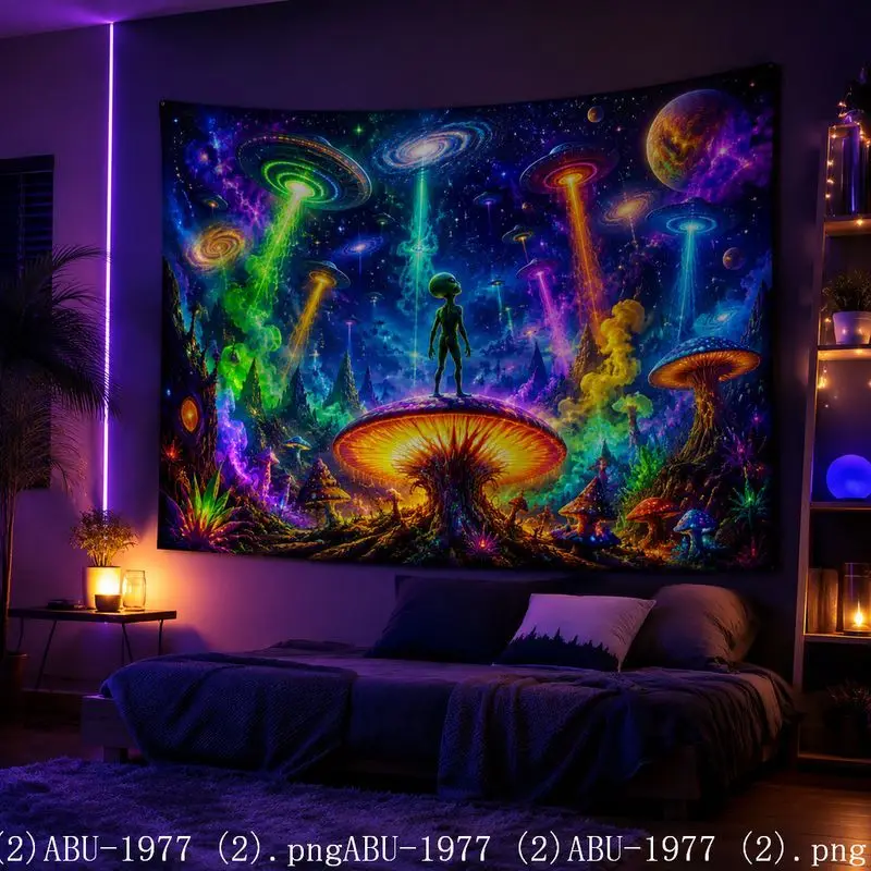 Psychedelic Alien Space Galaxy Tapestry, Fluorescent Universe Wall Hanging, Aesthetic Bedroom Dorm Esports Room Decor