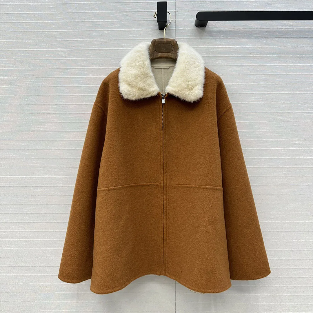 

Роскошное пальто высшего качества из 100% кашемира, женское пальто из норкового меха с воротником с лацканами и длинными рукавами на молнии, прямое длинное пальто, элегантная женская мода