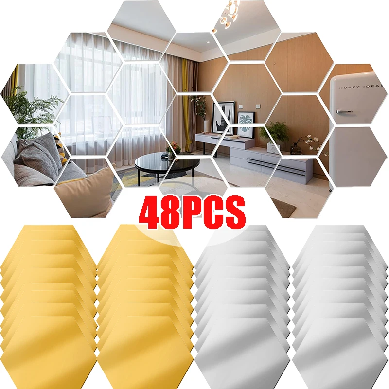 48/6PCS 3D Mirror Wall Sticker Hexagon Acrylic Self Adhesive Mosaic Tile Decals Removable Wall Sticker DIY Home Decor Art Mirror