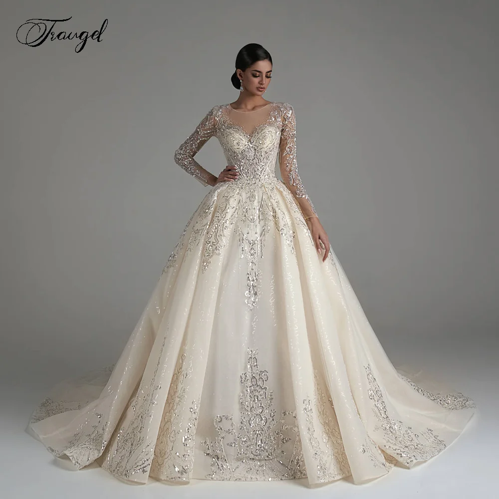 Traugel Ball Gown Luxo Vestidos De Noiva O-Neck Manga Longa Vestido De Novia Lace frisada Capela Trem Glamorous Vestido De Noiva