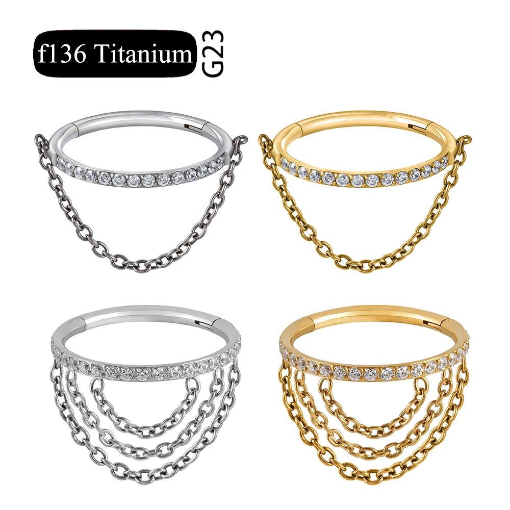 

ASTM F136, титановое кольцо для носа с фианитами, откидной сегмент с цепью, серьги, Надеваемые На ушной хрящ обруч 8-12 мм, серьга, завитка раковины, пирсинг