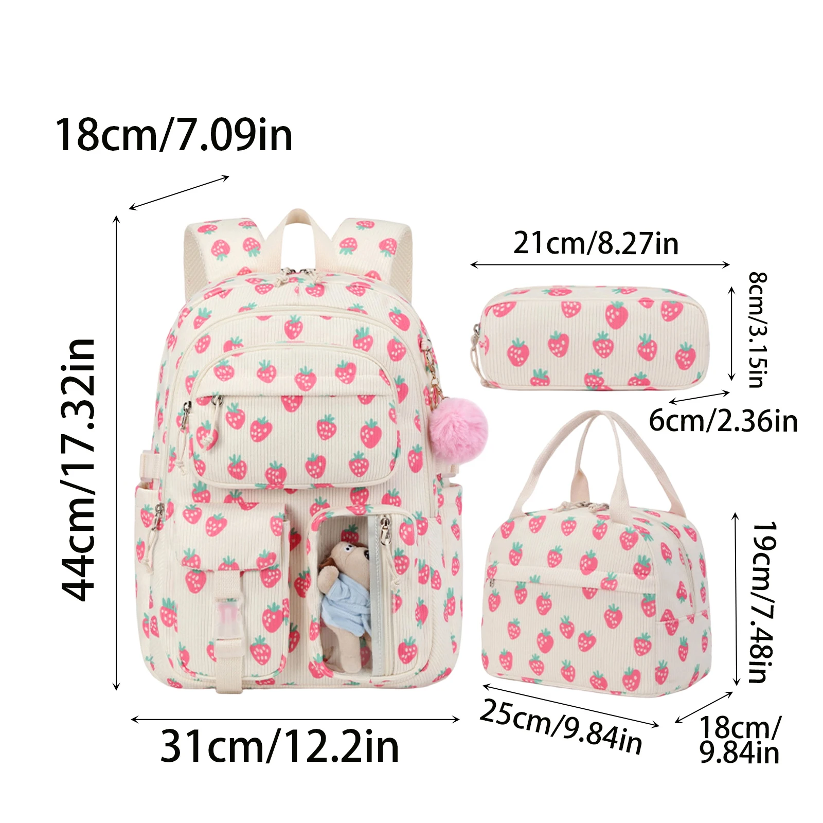 Cute Strawberry Corduroy Printed Backpack Lunch Bag Pencil Case Set for Children Girls Fashionable Backpack for Students