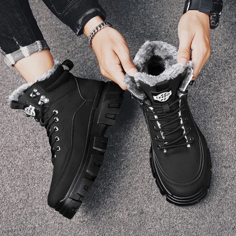 Buty męskie Plush 2024 Winter New Thick Soled Lace Up Workwear Shoes Trendy Cold Proof Warm Cotton Short Boots Botas Para Hombre