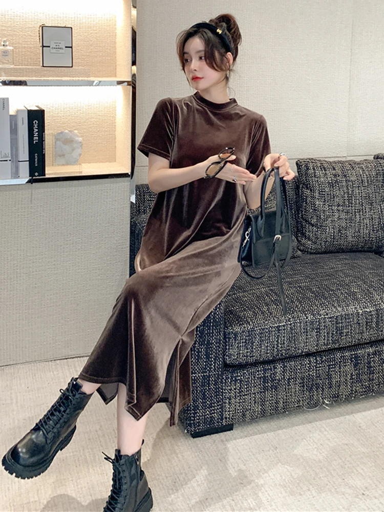 NYFS 2024 Autumn Winter New Korea Woman Dress Vestidos Robe Elbise Loose Plus Size Short Sleeve Gold Velvet Long Dresses