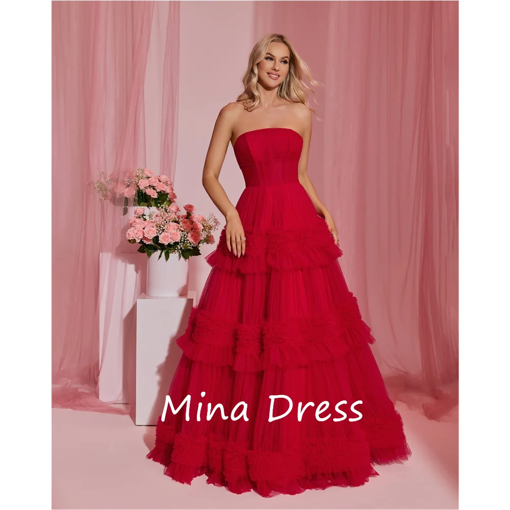 

Mina Custom Strapless Fluffy Tiered Sleeveless A-Line Ruffle Gown for Wedding Guests Chic Evening Dress